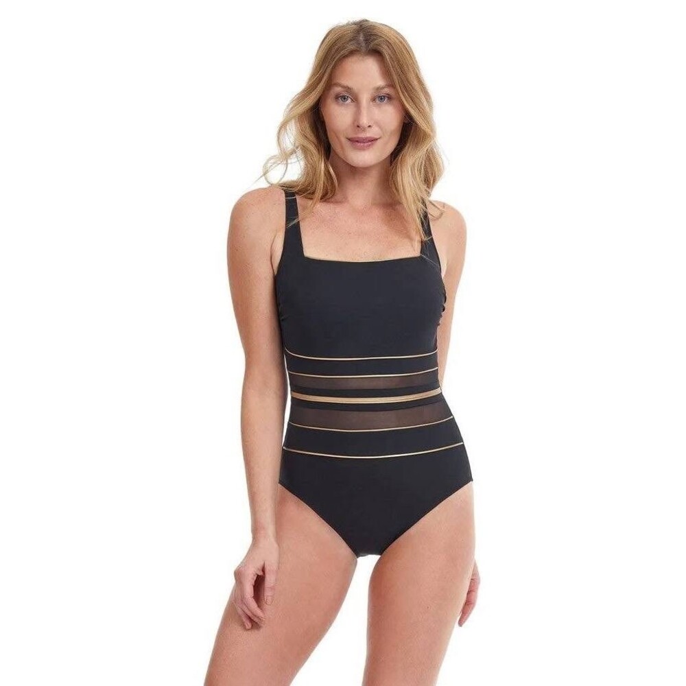 GOTTEX NWT Onyx Square Neck One Piece 12 Black Gold Swimsuit Tummy Control Swim